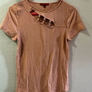 Elegant Ribbed Cutout Tee - Tan